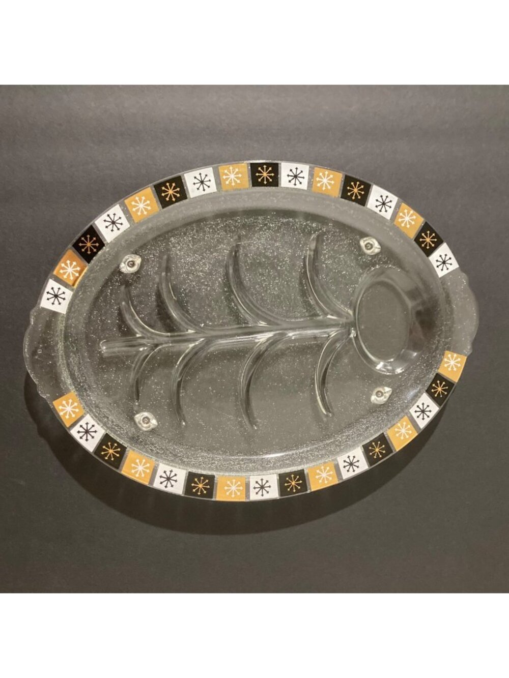 Vintage Glass Atomic Starburst MCM Gold Black Plate Tray Charcuterie